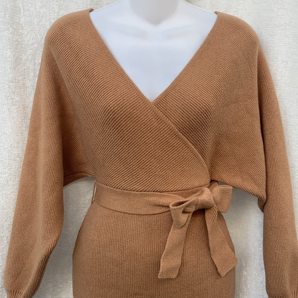 Forever 21 Tan Faux Wrap Tie Waist Knit Sweater Dress - Picture 3 of 11